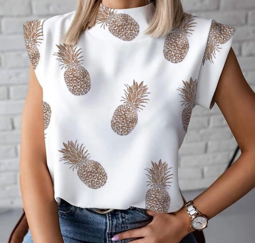 Ananas baskılı scuba puf kumaş bluz