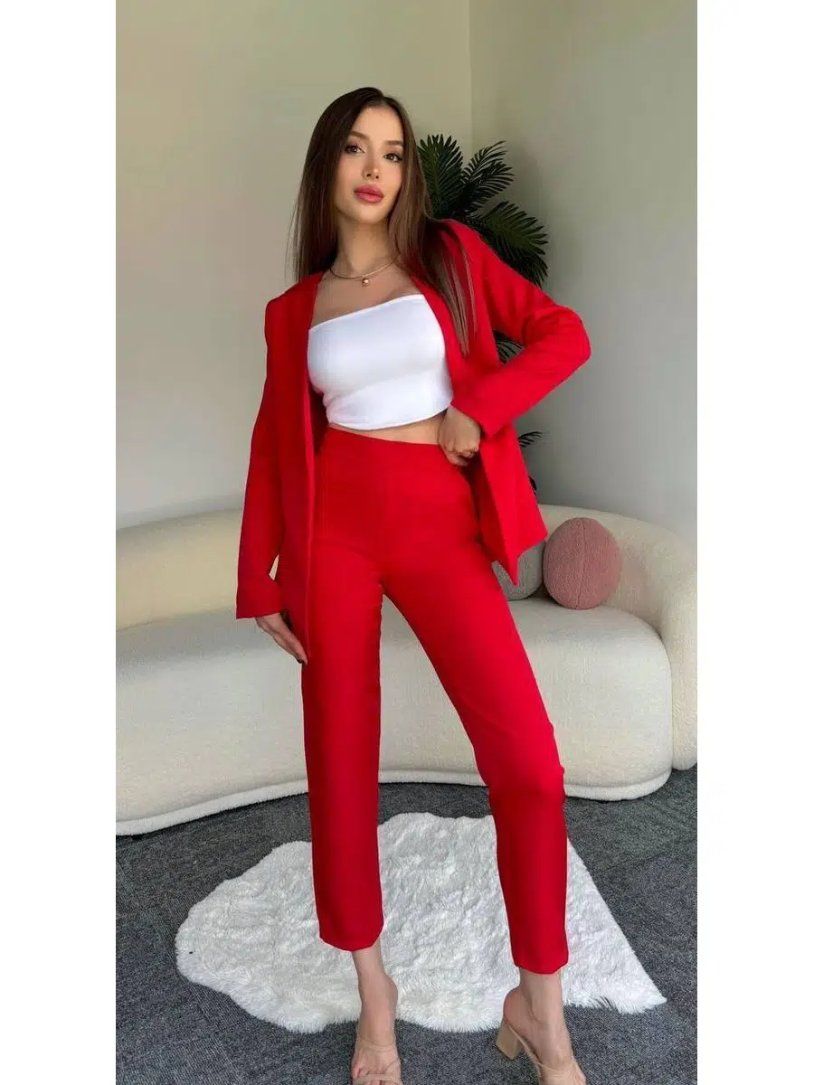 Atlas kumaş ceket pantolon takım (Kırmızı)