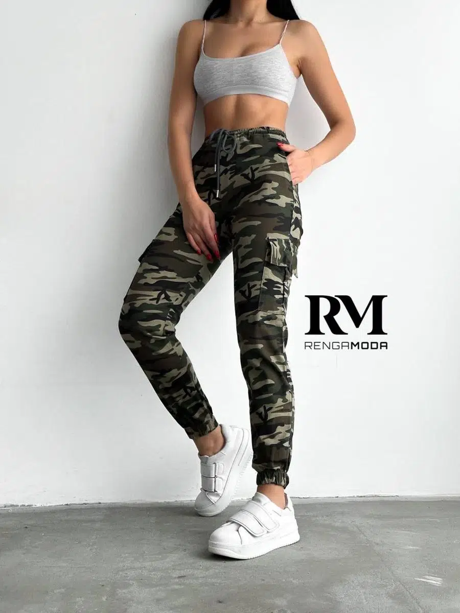 Beli Lastikli Kamuflaj Desen Kargo Pantolon