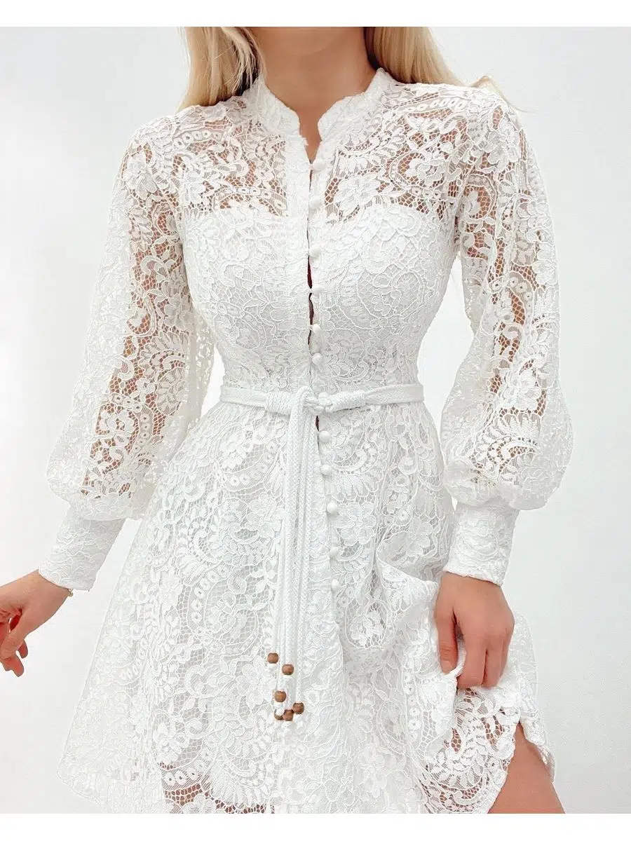 Boydan düğmeli astarlı balon kol fermuarlı tül elbise