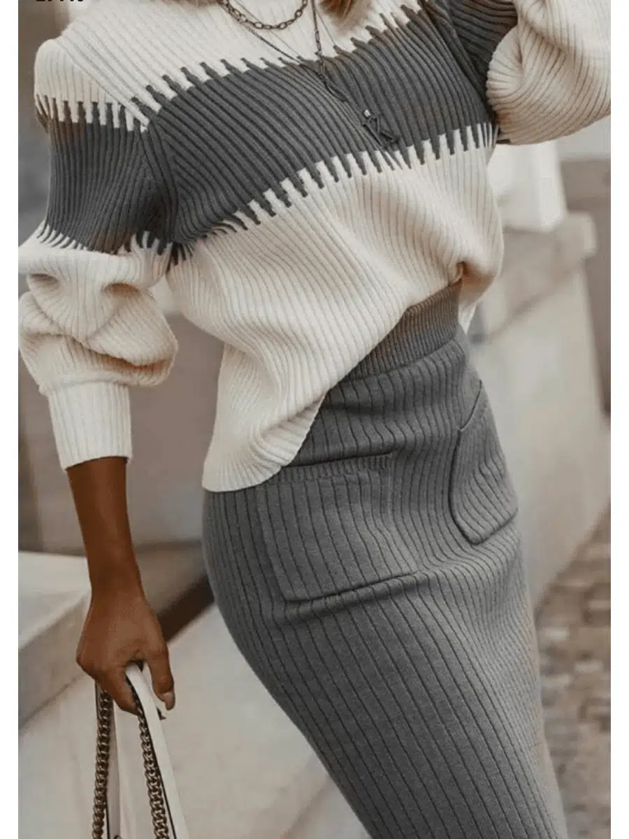 Cep Detay Etek Kazak Triko İkili Takım (Renkli)