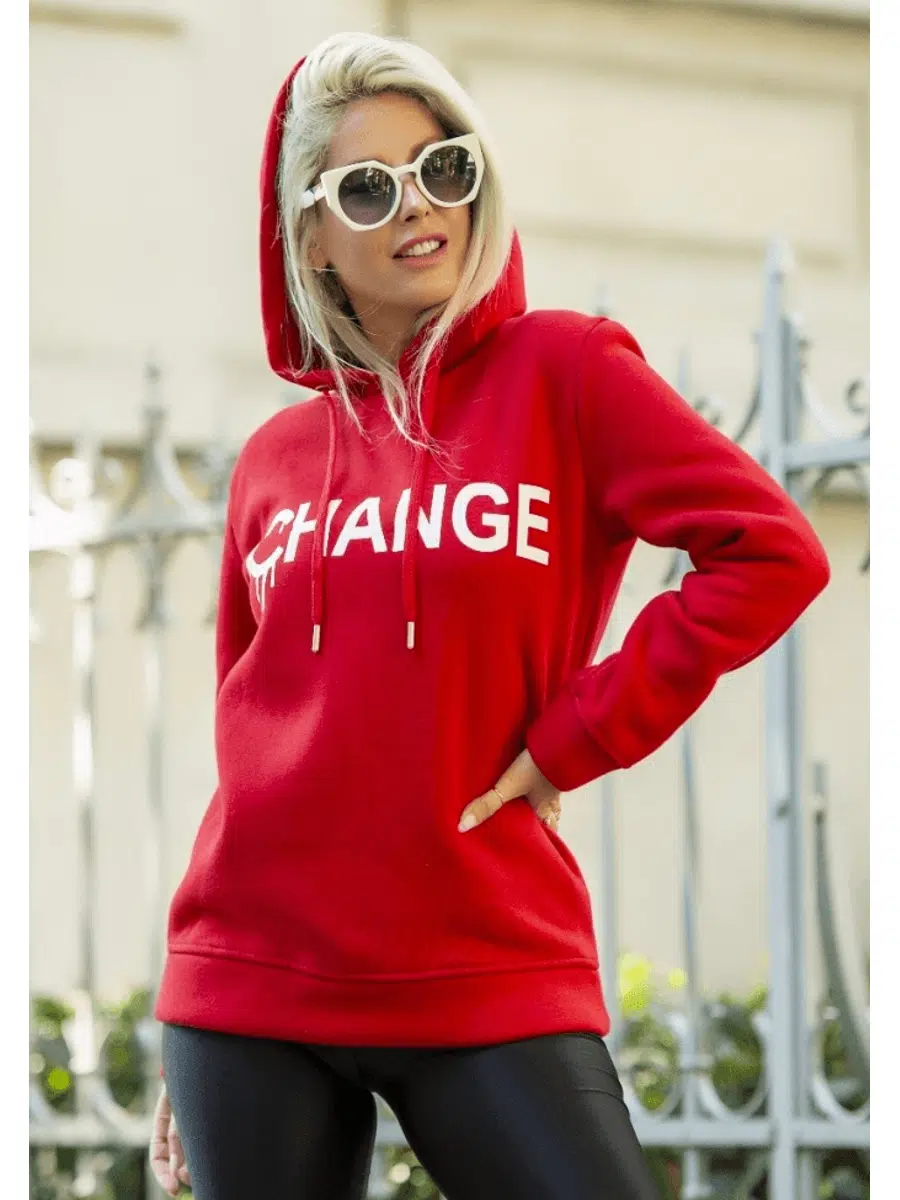 Chance baskılı 3 iplik kumaş kapşonlu sweat (Kırmızı)