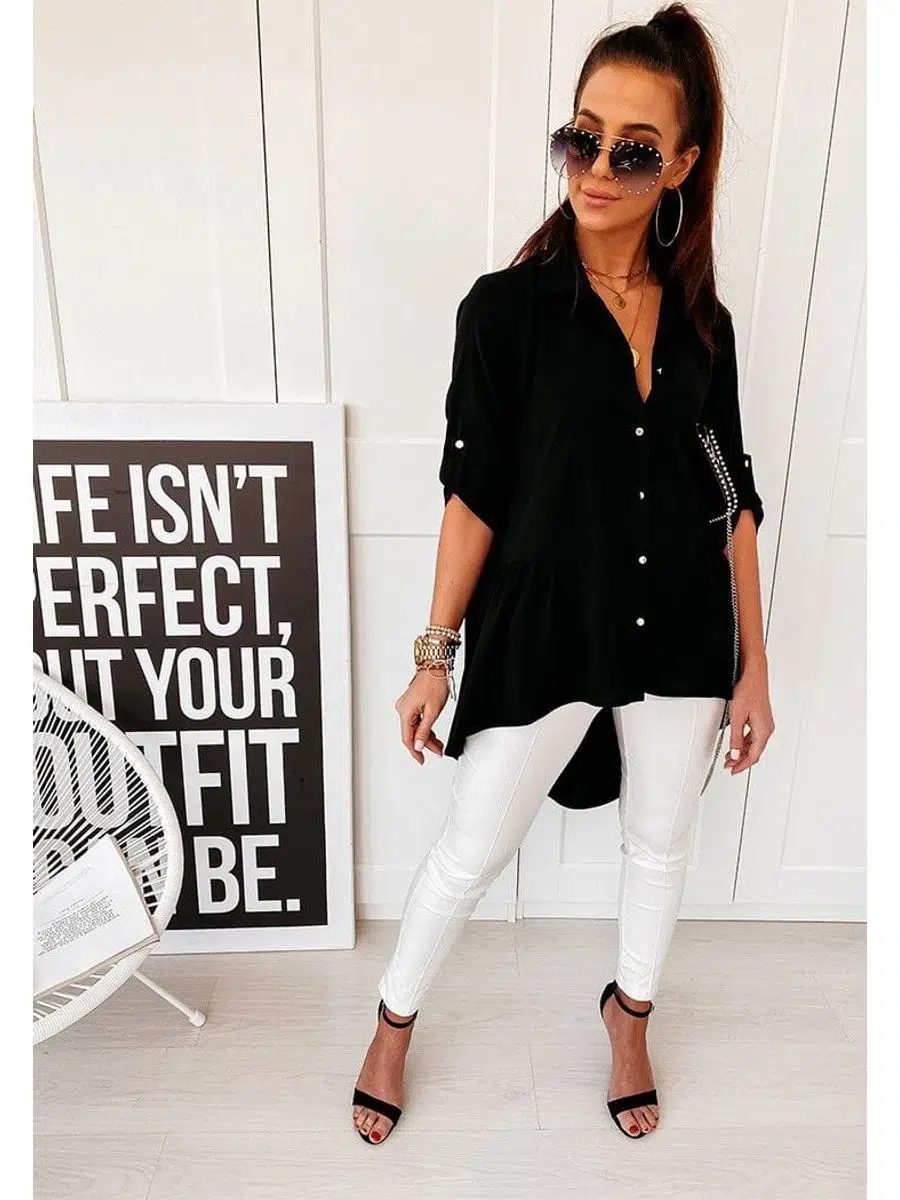 Dokuma Viskon Kumaş Metal Düğmeli Kolu Apoletli Eteği Pileli Gömlek