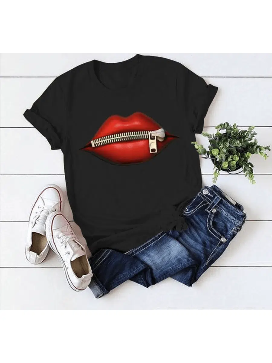 Dudak baskılı pamuklu süprem kumaş tişört 65cm