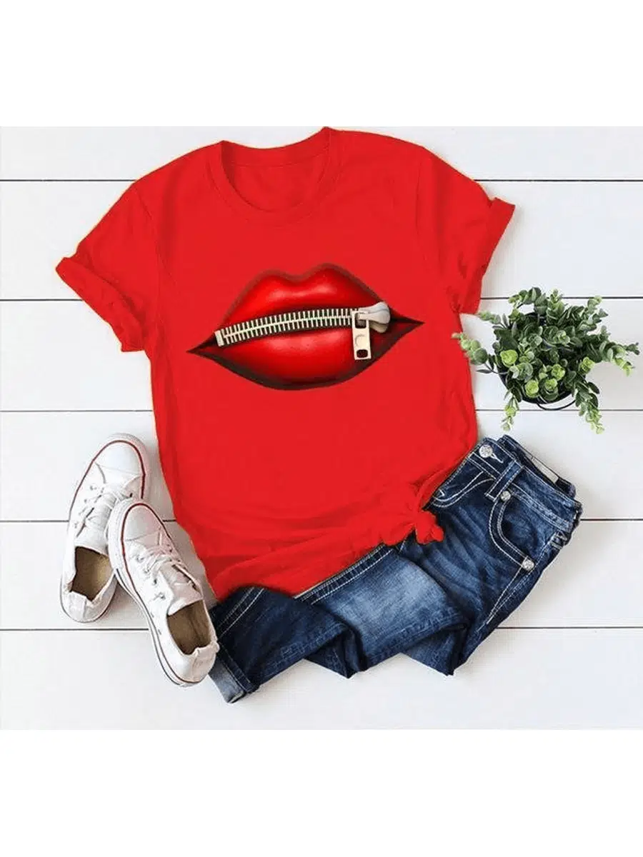 Dudak baskılı pamuklu süprem kumaş tişört 65cm