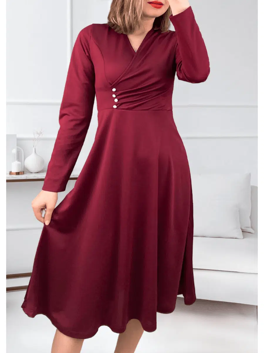 Düğme detaylı kruvaze yaka elbise