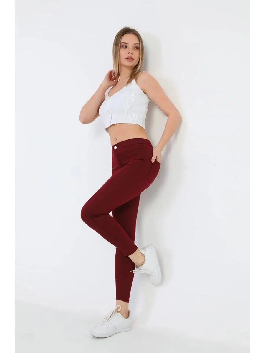 Gabardin Kumaş Yüksek Bel Pantolon (Bordo)