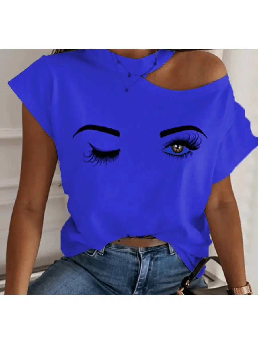 Göz Desen Kesik Yaka Bluz (Mavi)