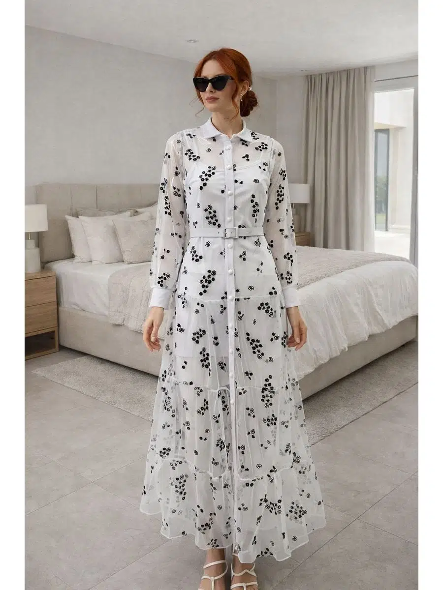 İthal Flok Kumaş Elbise - Beyaz