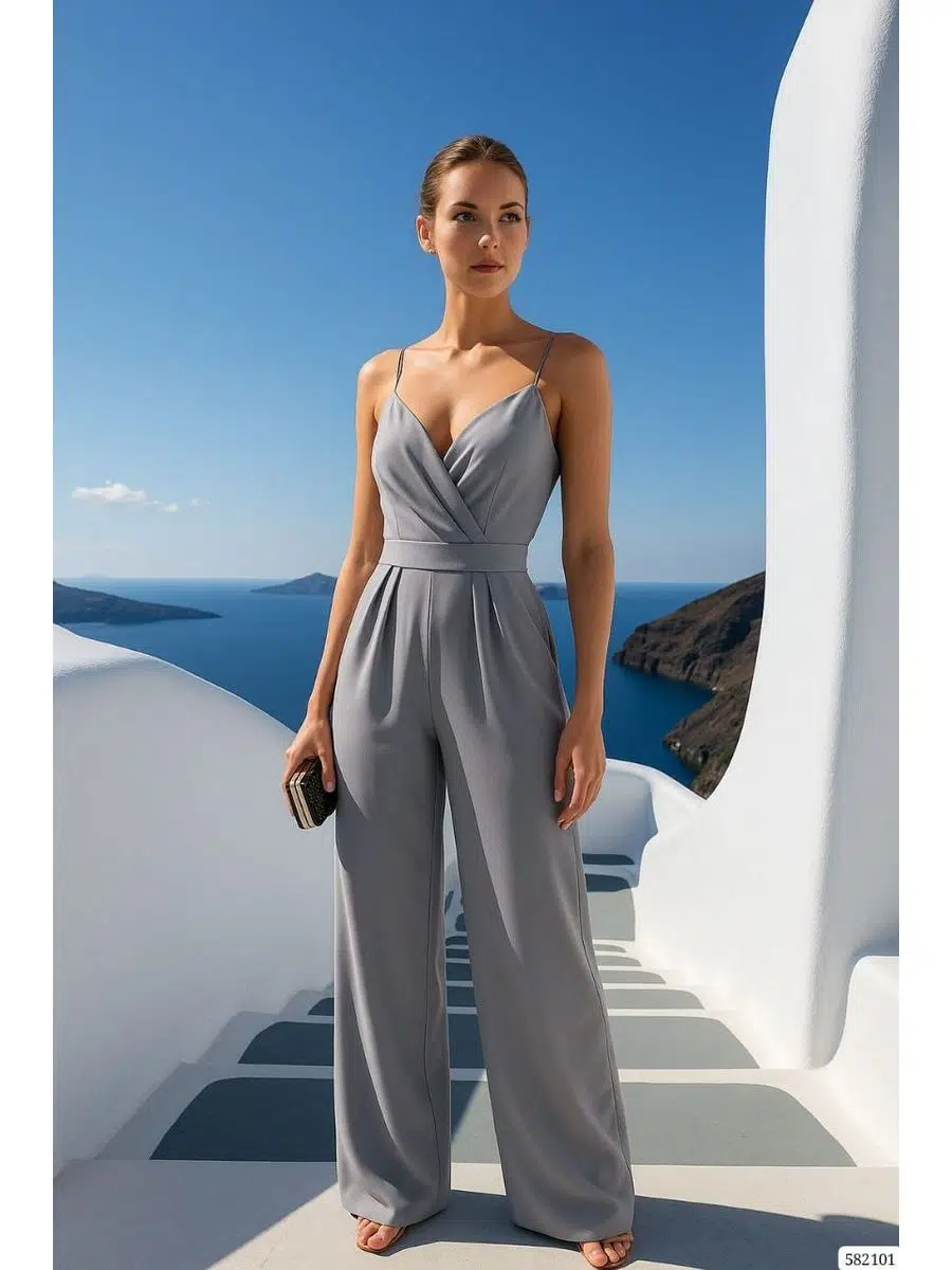 İthal Krep Kumaş Askılı Geniş Paça Tulum Elbise (Renkli)