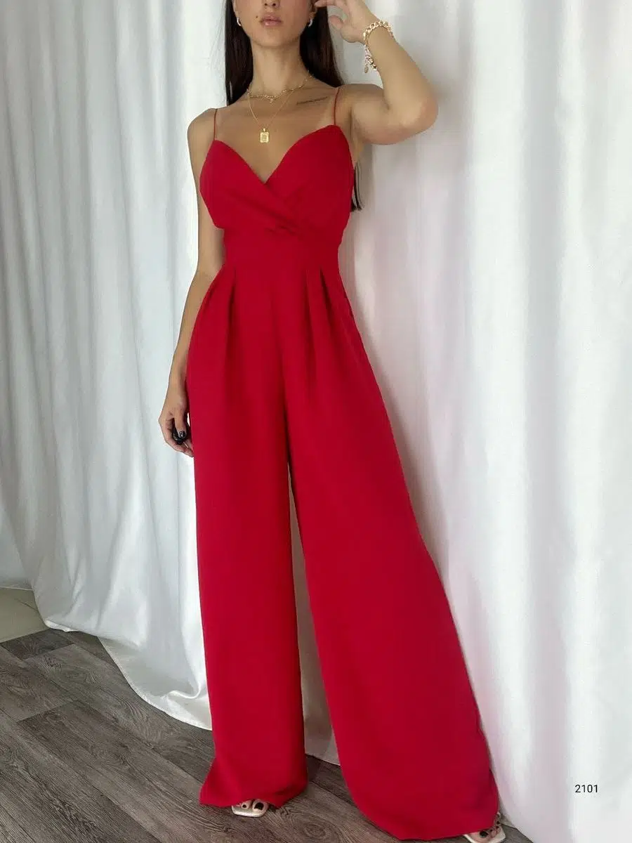 İthal Krep Kumaş Askılı Geniş Paça Tulum Elbise (Renkli) - Kırmızı