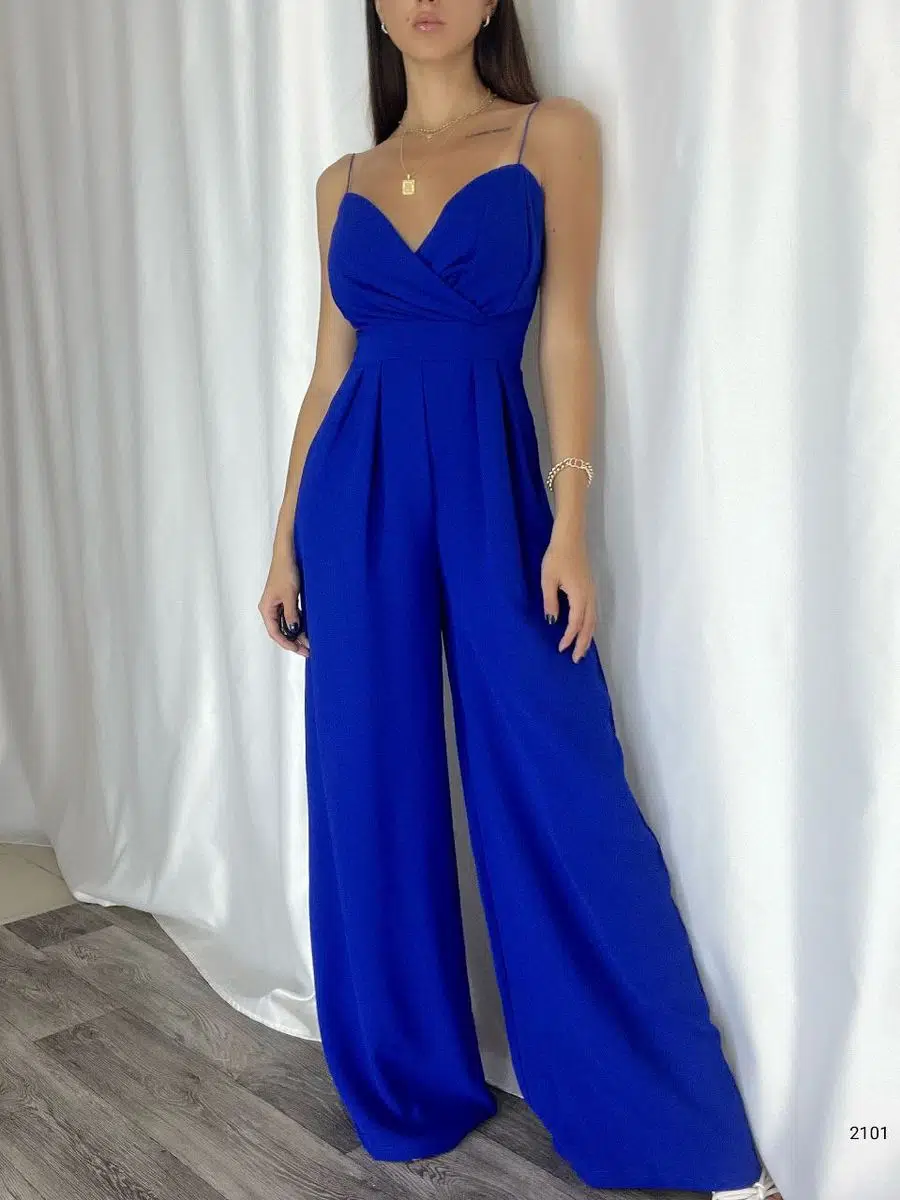 İthal Krep Kumaş Askılı Geniş Paça Tulum Elbise (Renkli) - Mavi