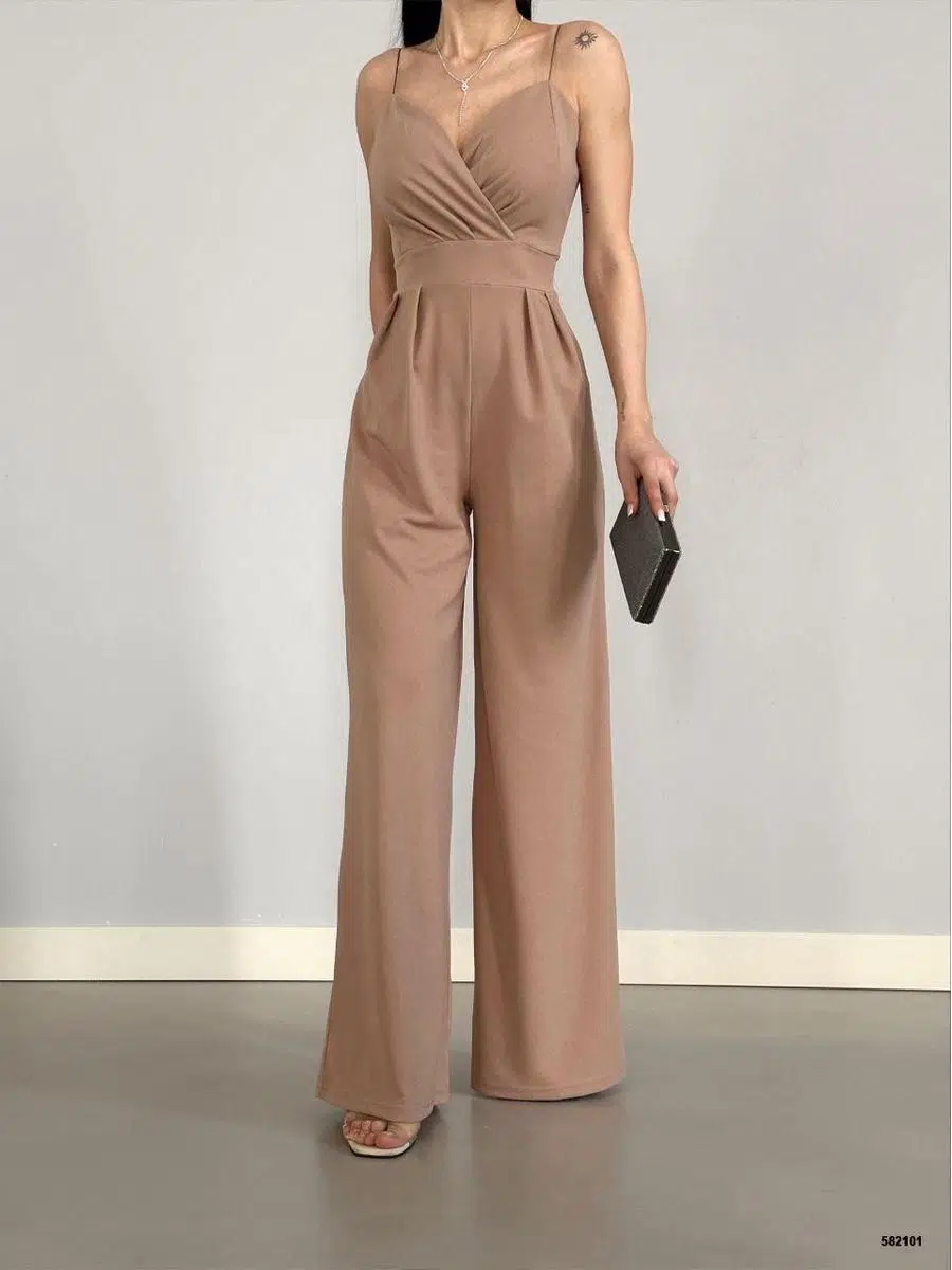 İthal Krep Kumaş Askılı Geniş Paça Tulum Elbise (Renkli) - Ekru