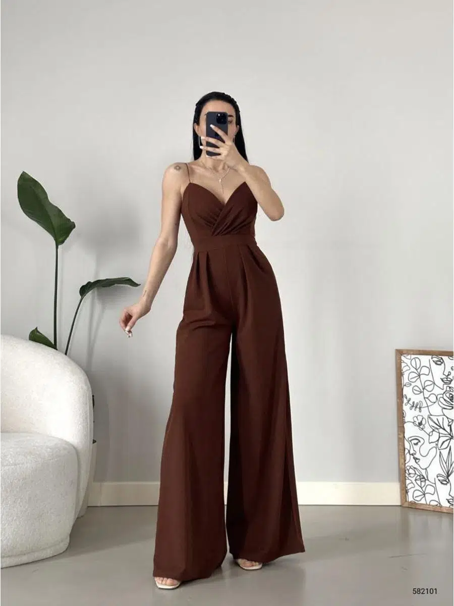 İthal Krep Kumaş Askılı Geniş Paça Tulum Elbise (Renkli) - kahverengi