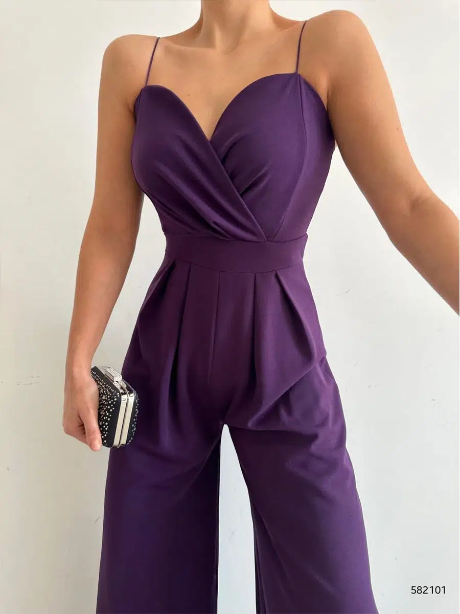 İthal Krep Kumaş Askılı Geniş Paça Tulum Elbise (Renkli) - Mor