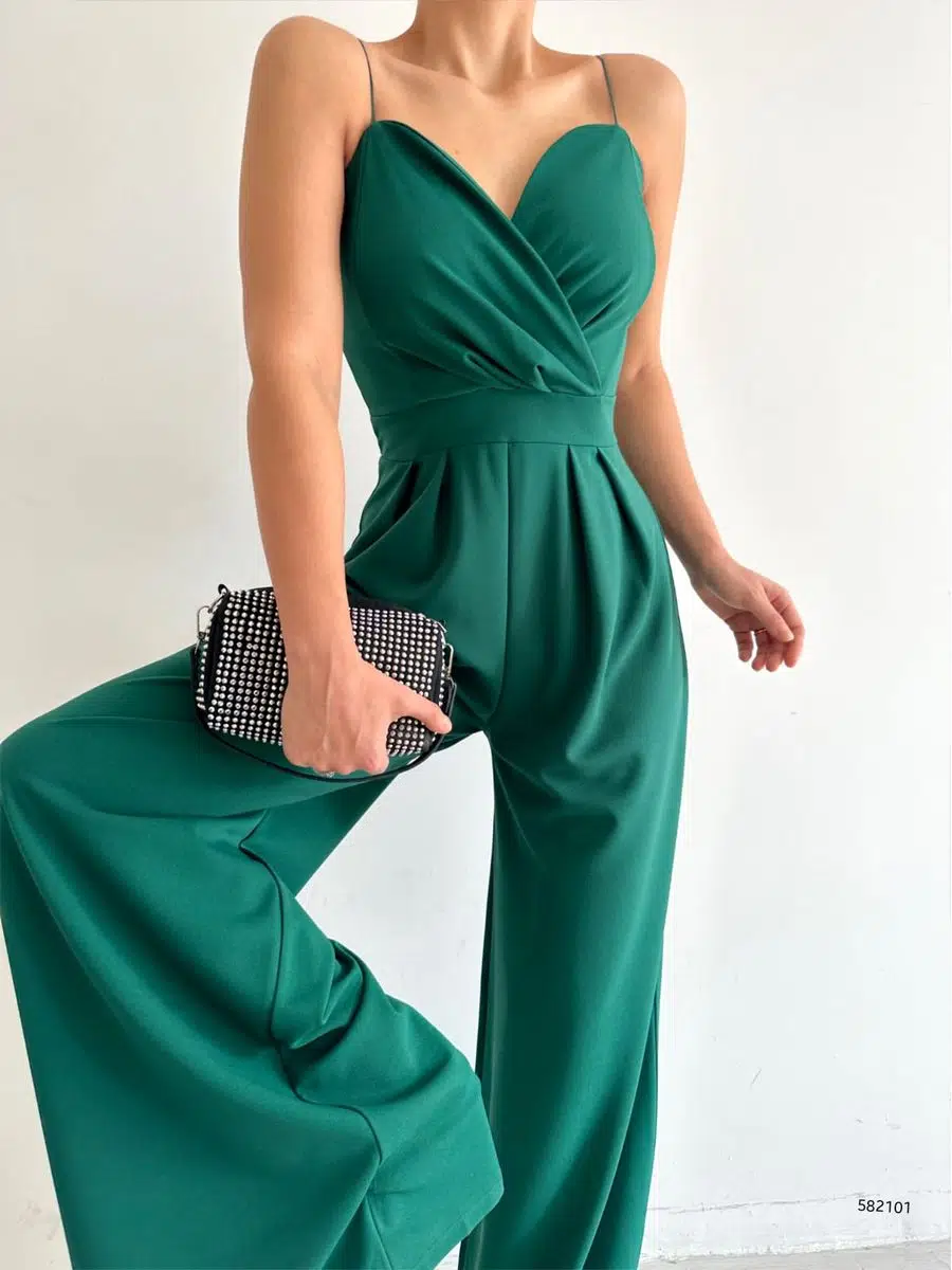 İthal Krep Kumaş Askılı Geniş Paça Tulum Elbise (Renkli) - Yeşil