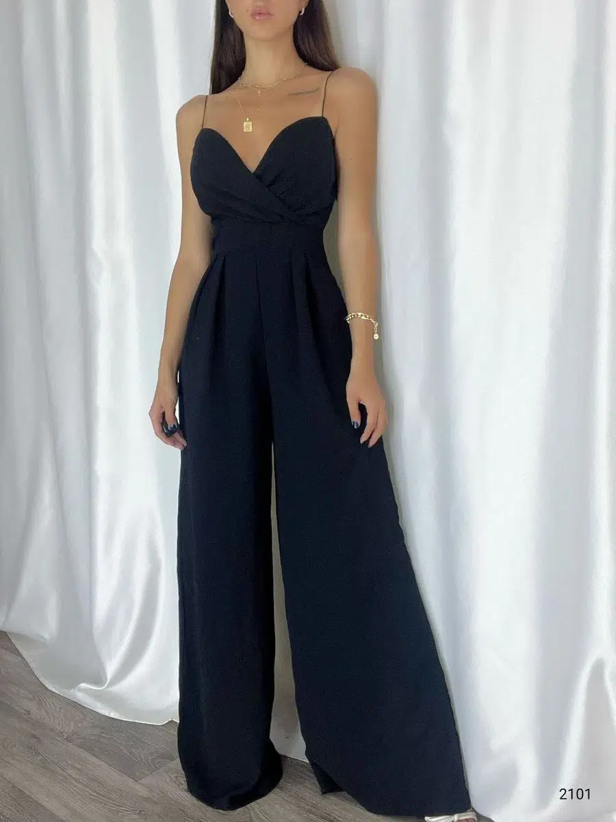 İthal Krep Kumaş Askılı Geniş Paça Tulum Elbise (Renkli)