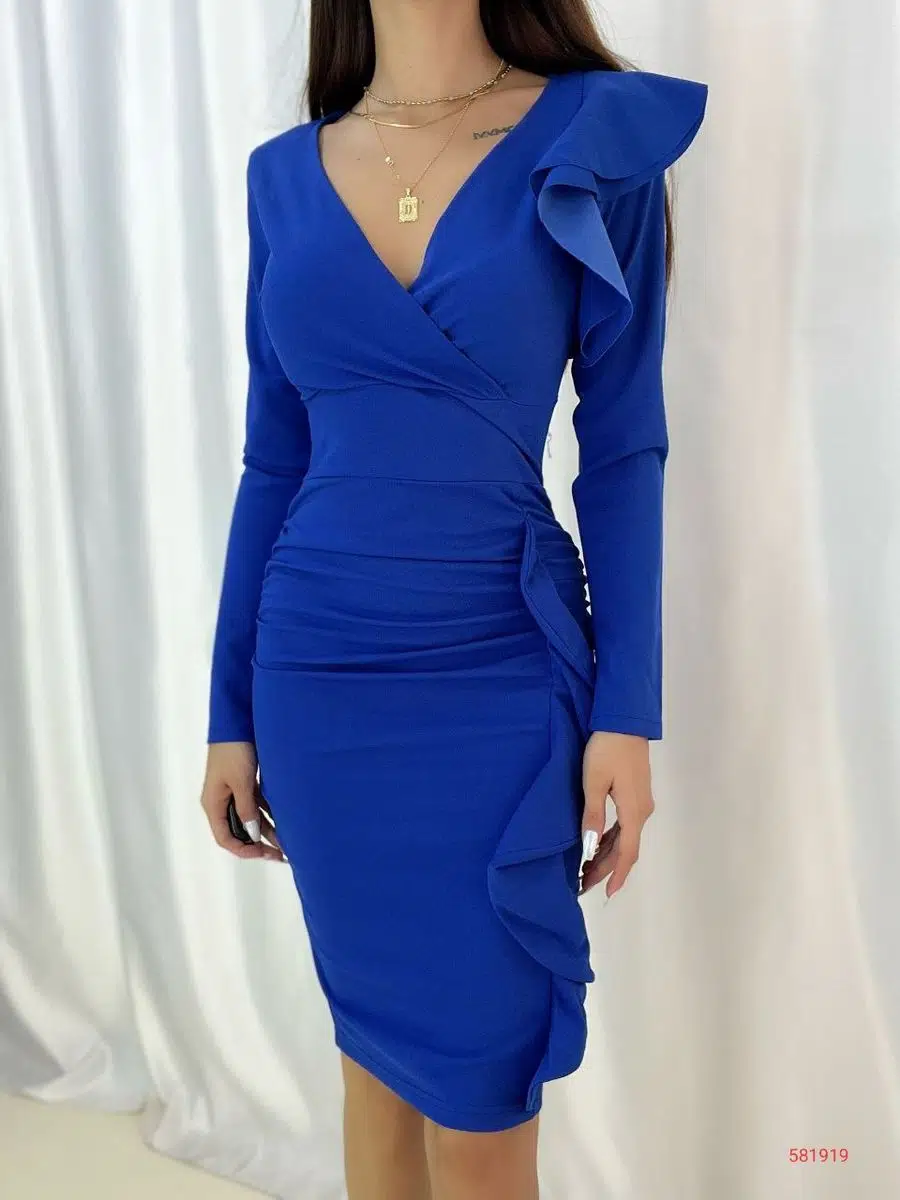 İthal Krep Kumaş Uzun Kol Fırfırlı Elbise (Renk Seçenekli)