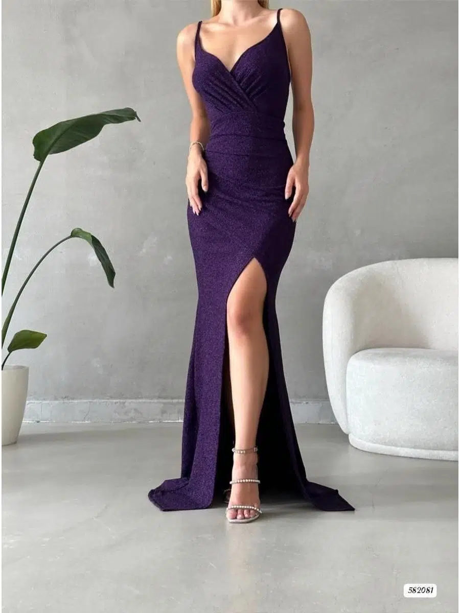 Kadın Askılı Kruvaze Yaka Yırtmaçlı Flowers Kumaş Abiye Elbise