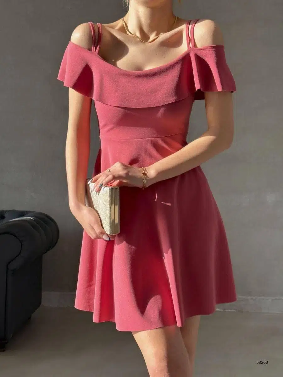 Kadın Askılı Yaka Detay Krep Kumaş Elbise (Renkli)