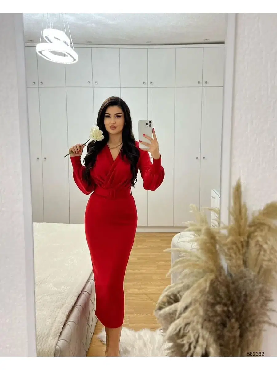 Kadın Balon Kol Kruvaze Yaka Detaylı Kemerli Scuba Kumaş Elbise (Renkli)