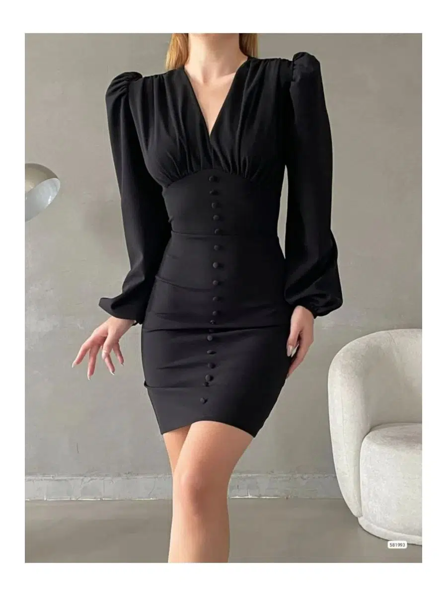 Kadın Balon Kol Önü Düğme Detaylı Krep Kumaş Mini Elbise