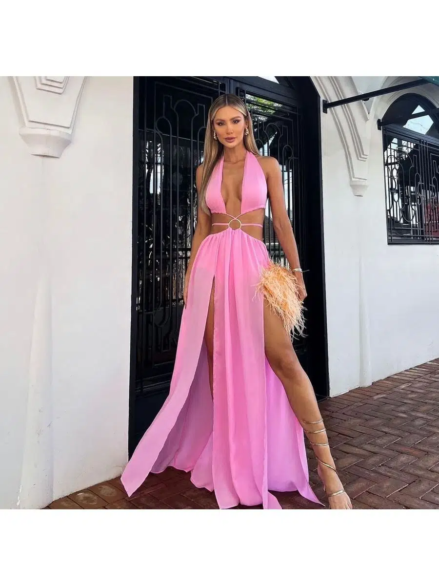 Kadın Beachwear Plaj Astarlı Şifon Kumaş Elbise (Renkli) - pembe