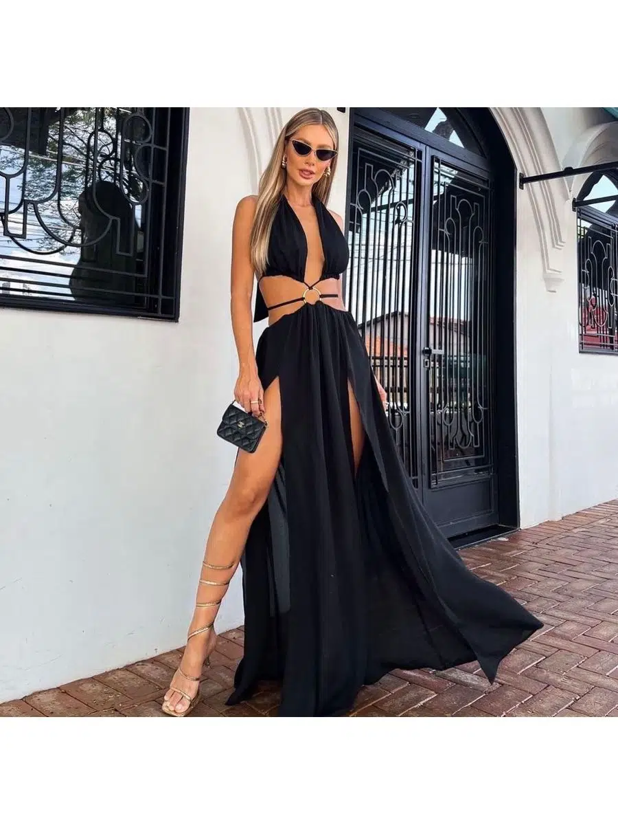 Kadın Beachwear Plaj Astarlı Şifon Kumaş Elbise (Renkli) - Siyah