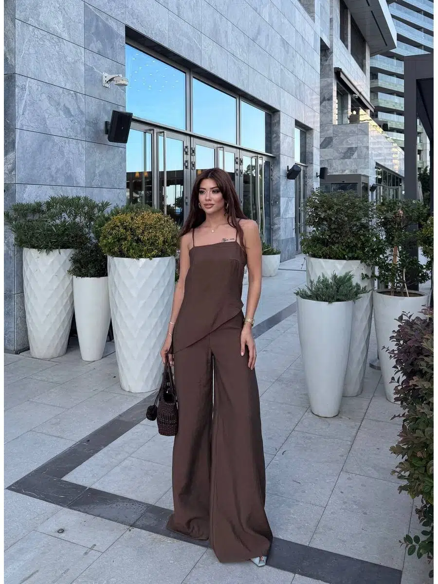 Kadın Beli Lastikli Palazzo Pantolon Askılı Yırtmaçlı Bluz Asimetrik Kesim Modal Takım