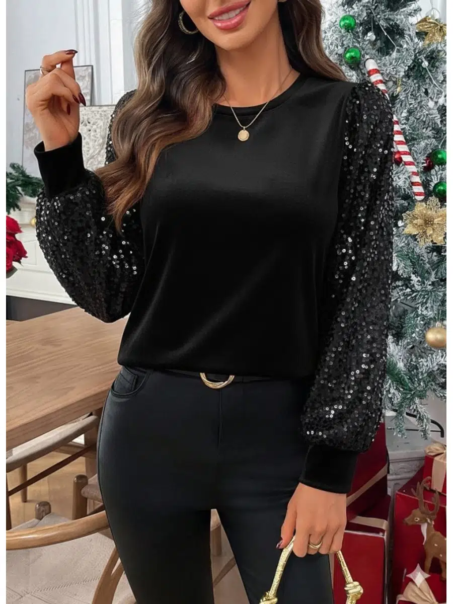 Kadın Bisiklet Yaka Pulpayet Uzun Kol Kadife Bluz