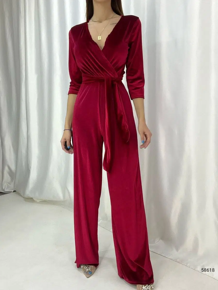 Kadın Bol Paça Kuşaklı Kadife Kumaş Tulum Elbise (Renk Seçenekli)