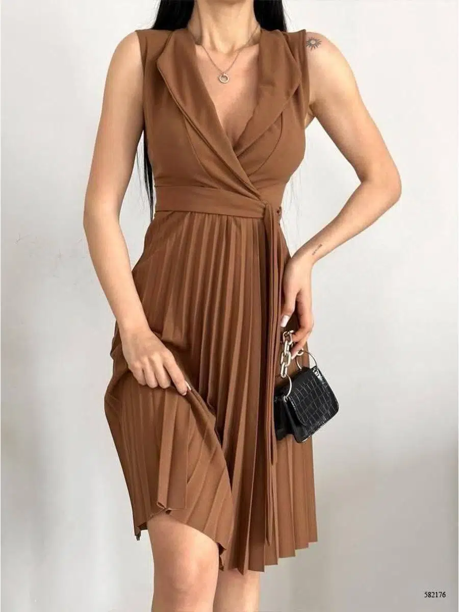 Kadın Ceket Yaka Eteği Pileli Kuşaklı Krep Elbise (Renkli)