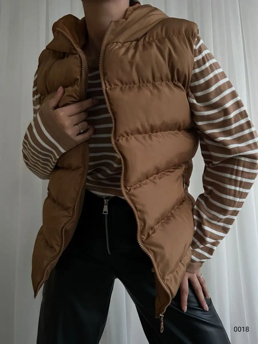 Kadın Cepli Fermuarlı Kapüşonlu Şişme Yelek Mont (Renkli)