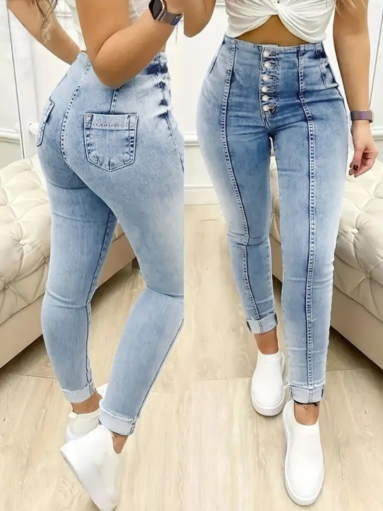 Kadın Çok Düğmeli Yüksek Bel Jean pantolon