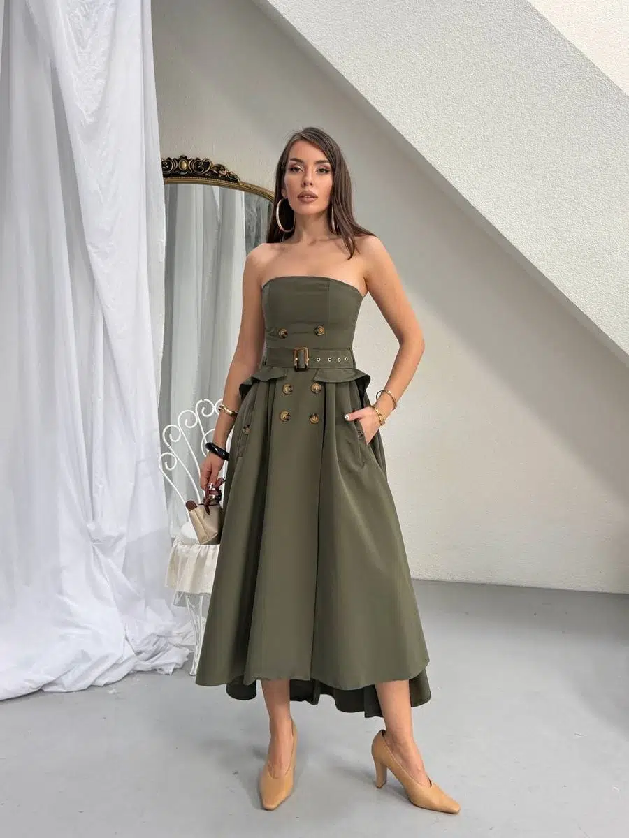 Kadın Düğme ve Kemer Detaylı Pamuklu Trenç Straplez Elbise - Haki