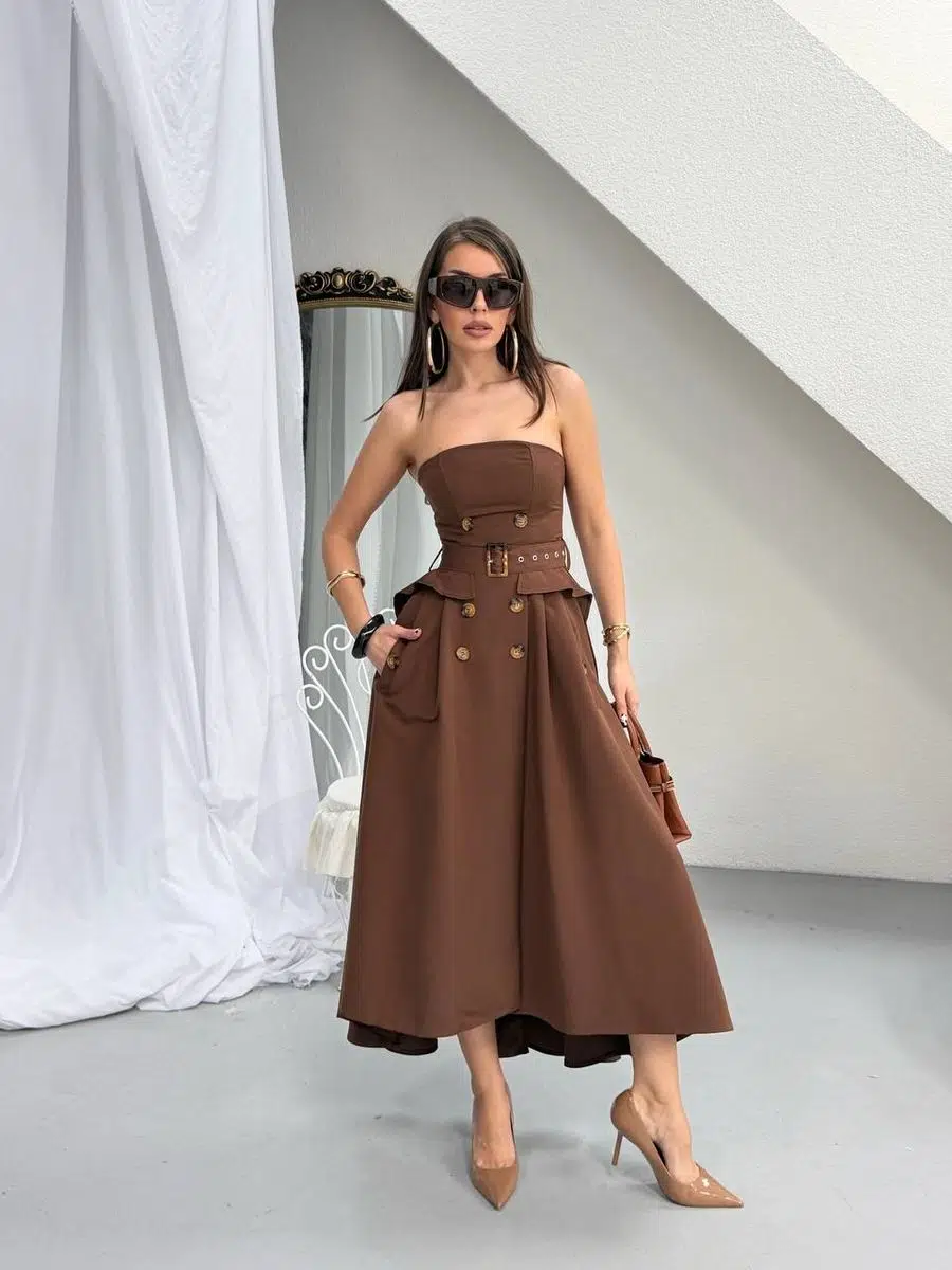 Kadın Düğme ve Kemer Detaylı Pamuklu Trenç Straplez Elbise - kahverengi