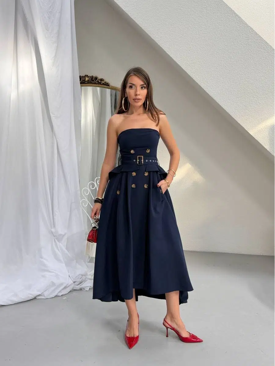 Kadın Düğme ve Kemer Detaylı Pamuklu Trenç Straplez Elbise - Lacivert