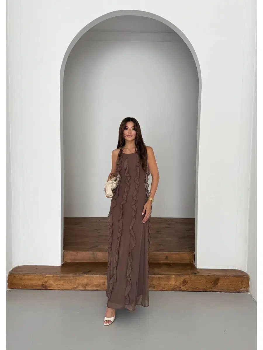 Kadın Fırfır Detaylı Multişifon Kumaş Maxiboy Elbise