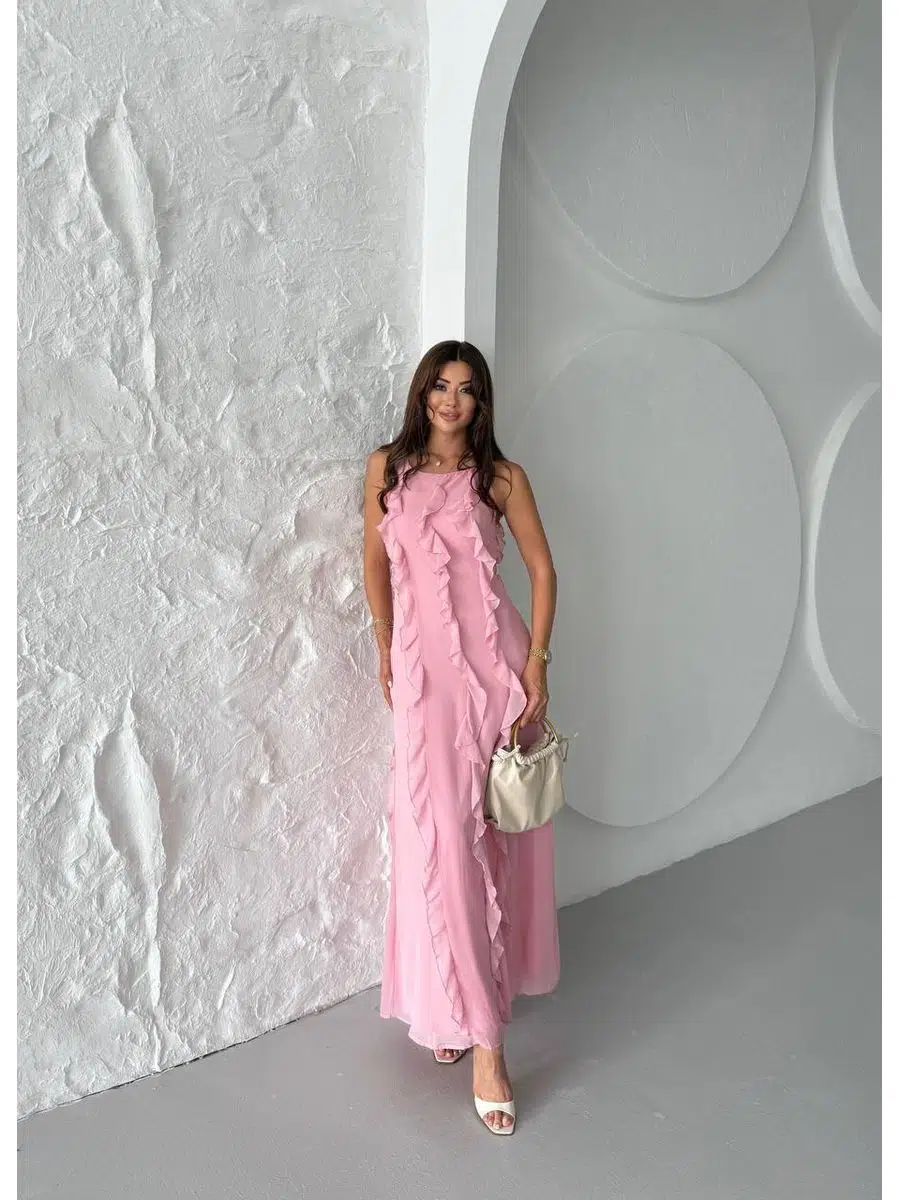 Kadın Fırfır Detaylı Multişifon Kumaş Maxiboy Elbise - Pudra
