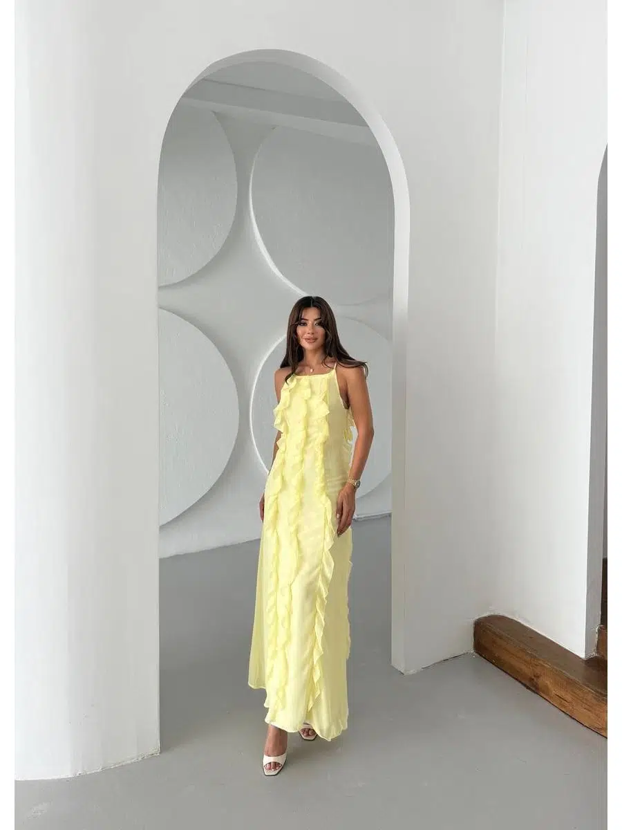 Kadın Fırfır Detaylı Multişifon Kumaş Maxiboy Elbise - Sarı