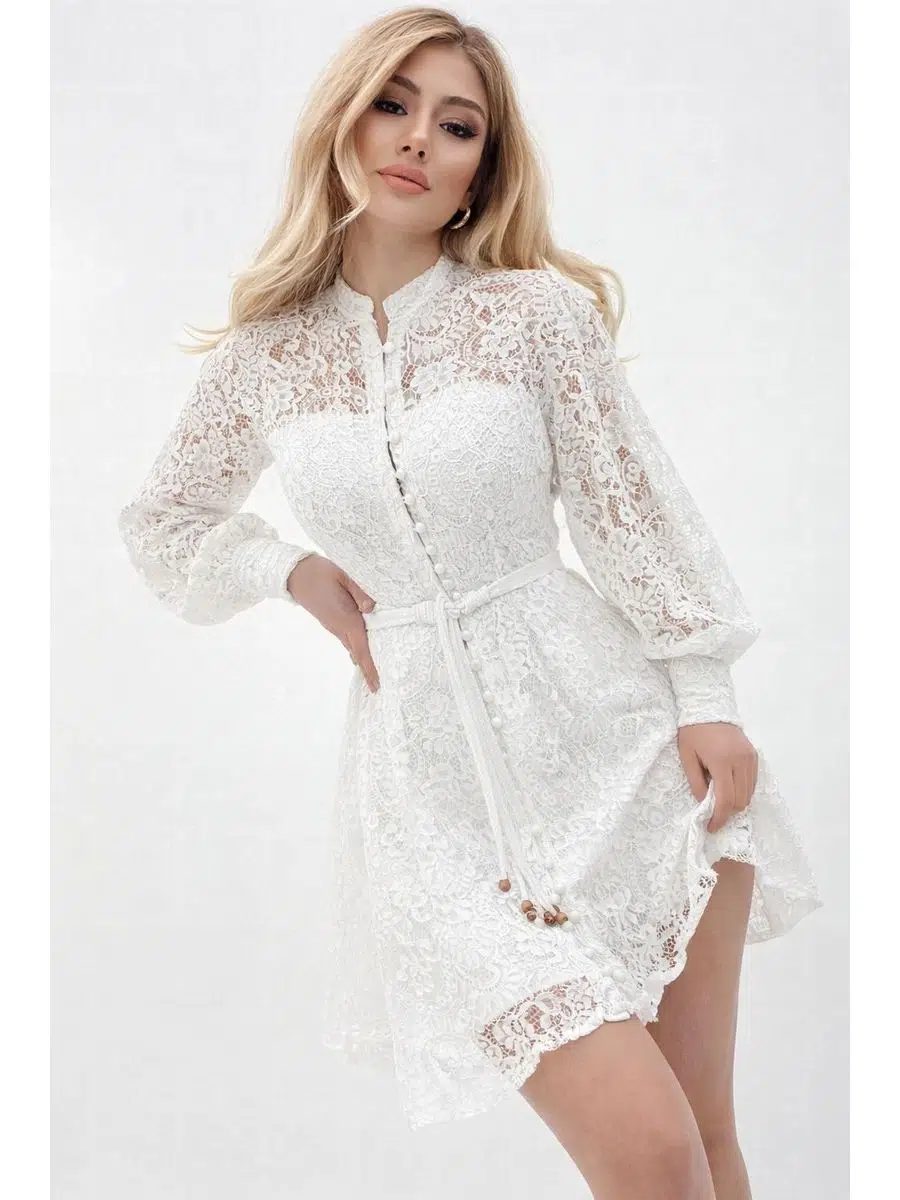 Kadın İçi Astarlı Brit Düğmeli Mini Güpürlü Elbise