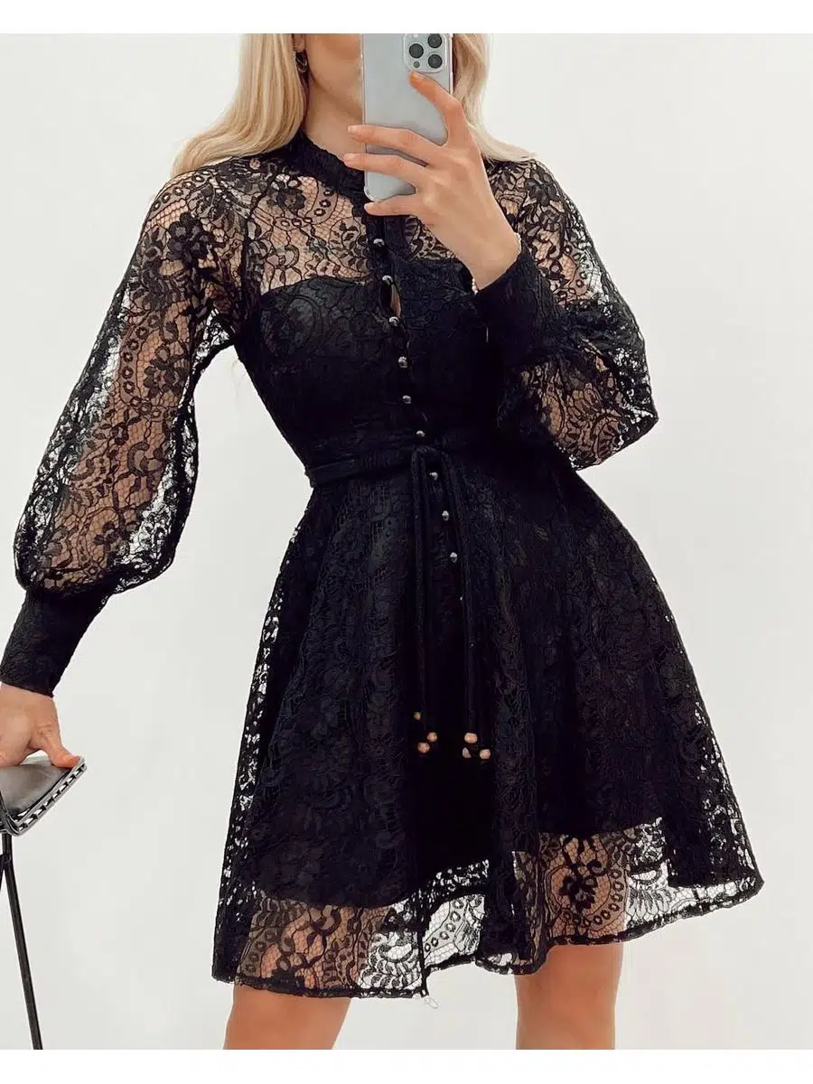 Kadın İçi Astarlı Brit Düğmeli Mini Güpürlü Elbise - Siyah