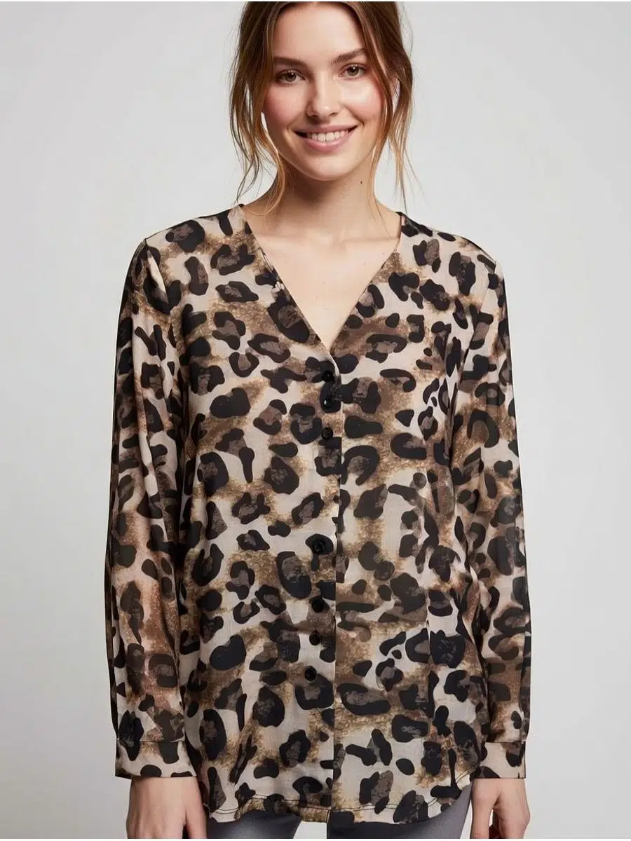 Kadın İki iplik kumaş leopar desen düğmeli bluz
