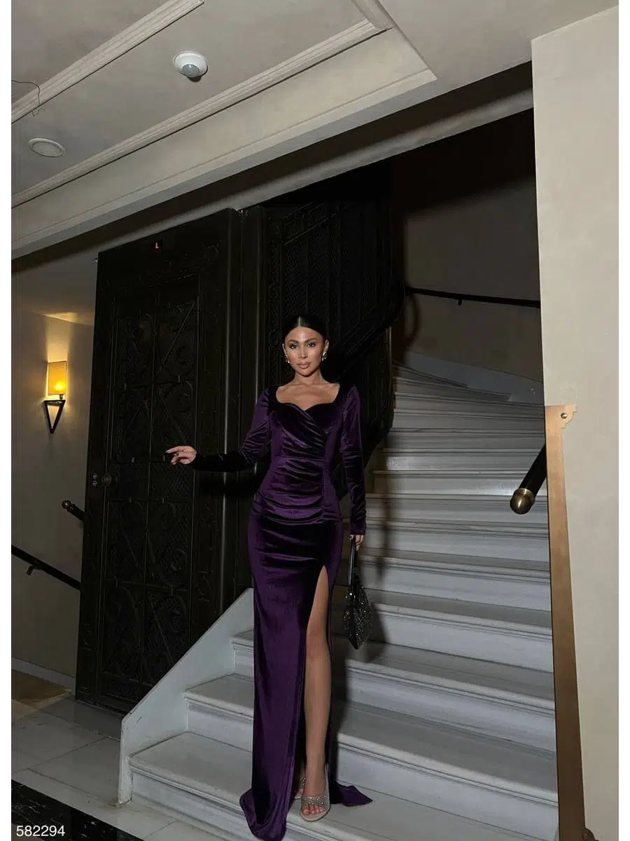 Kadın Kadife Kumaş Yırtmaçlı Abiye Elbise (Renk Seçenekli)