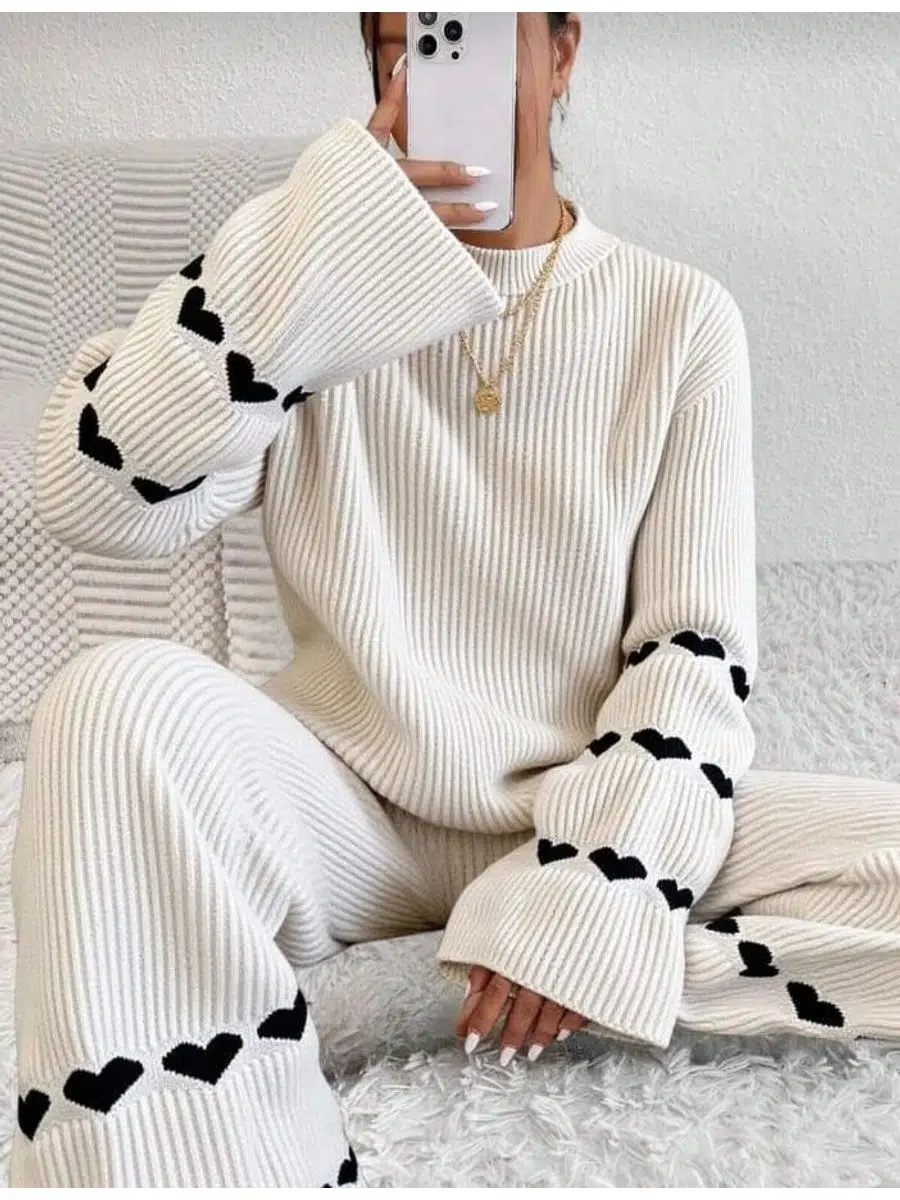 Kadın Kalp Desenli Kazak Pantolon İkili Triko Takım