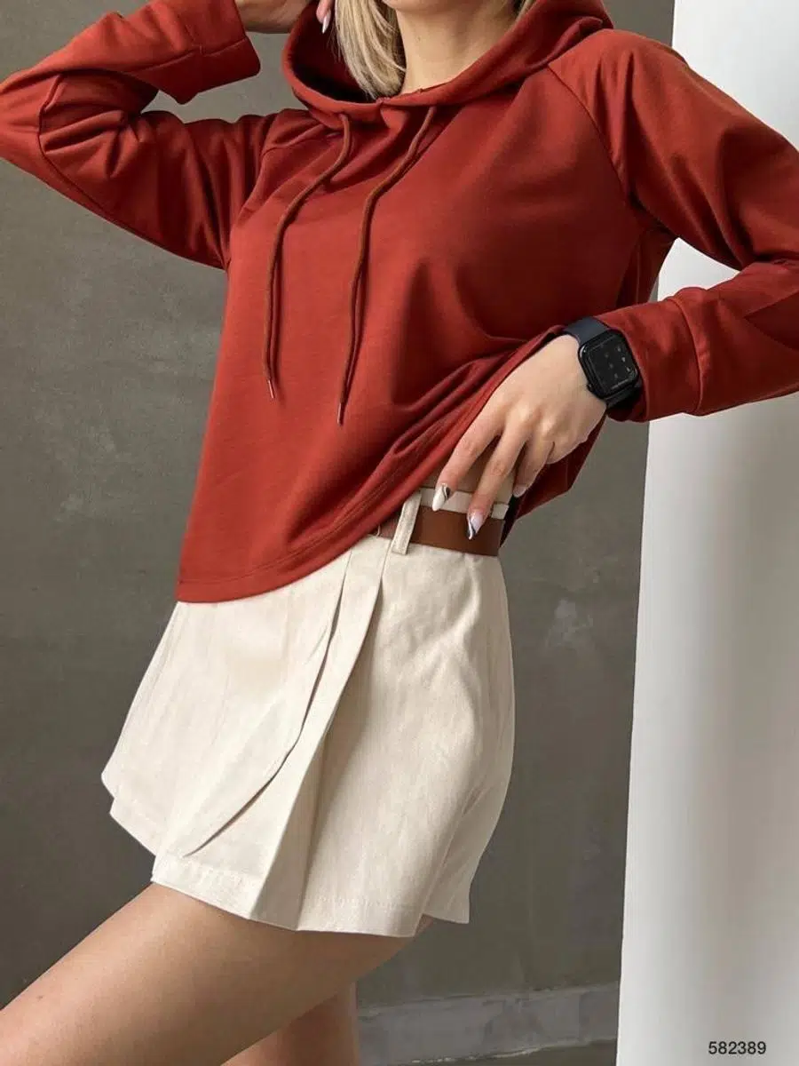 Kadın Kapüşonlu İki İplik Kumaş Sweatshirt (Renkli)