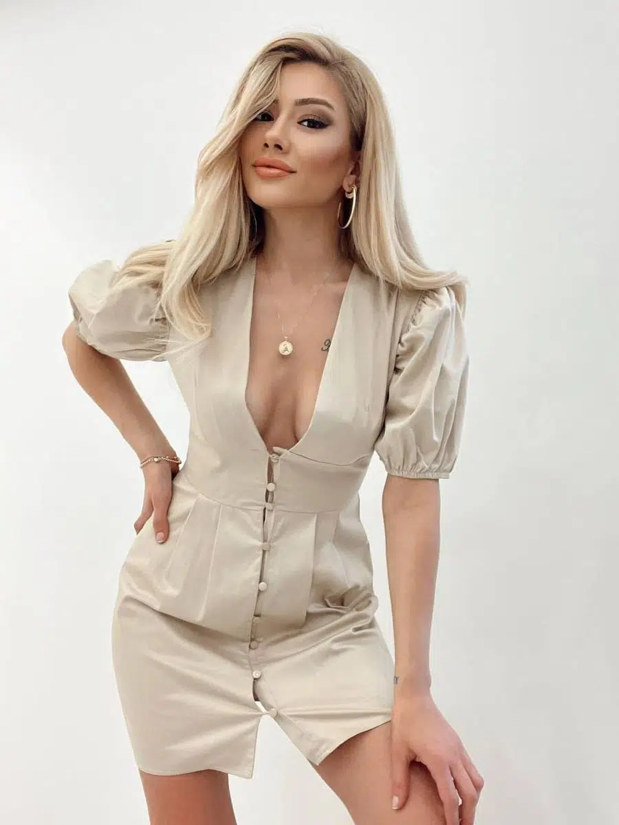 Kadın Karpuz Kol Saten Görünüm Keten Kumaş Mini Elbise (Renkli)