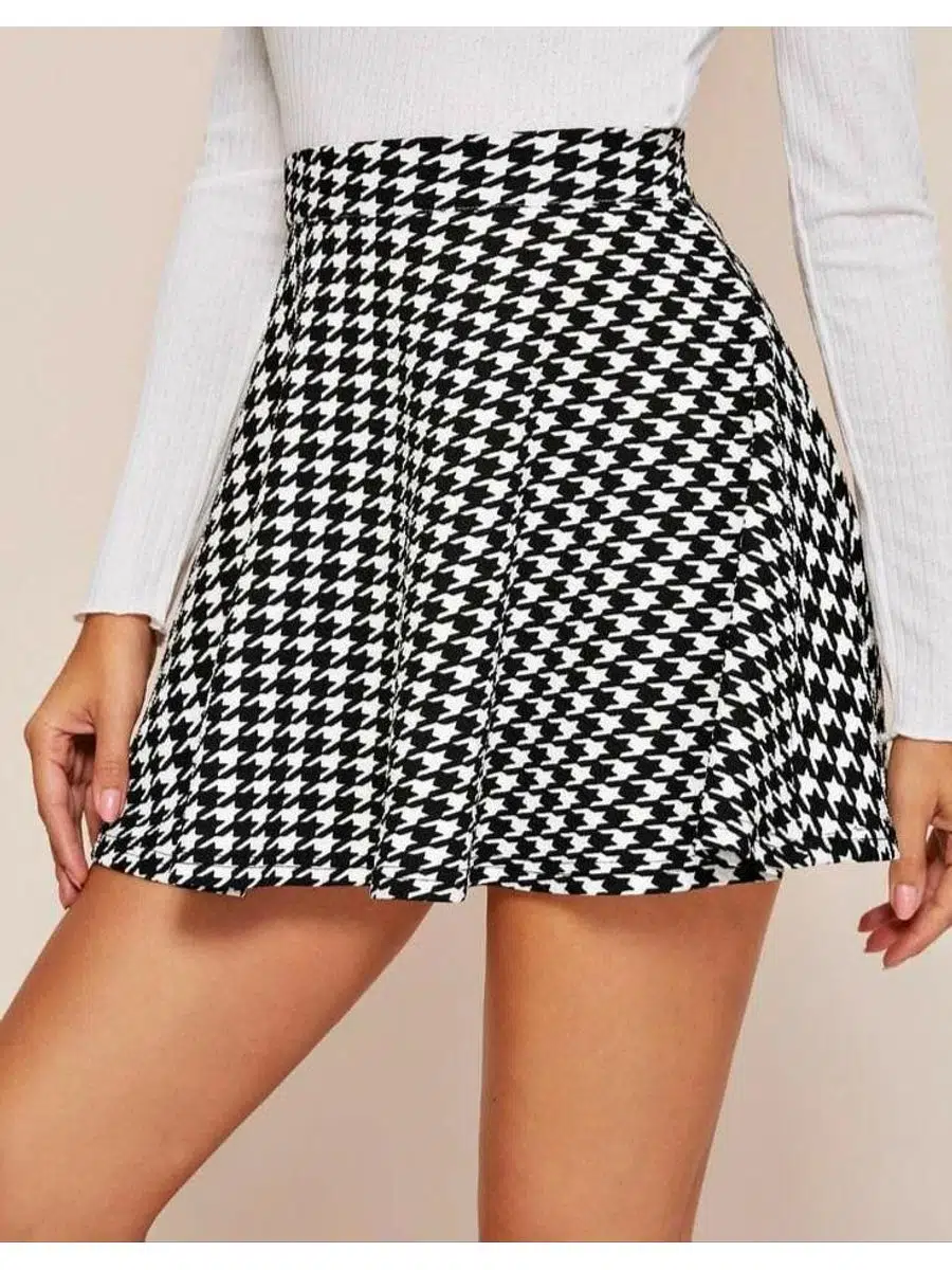 Kadın Kazayağı Desen Mikro Kumaş Mini Kloş Etek