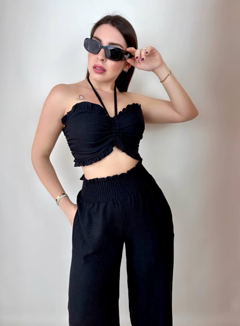 Kadın Keten Kumaş Gipeli Crop ve Pantolon İkili Takım (Renkli)