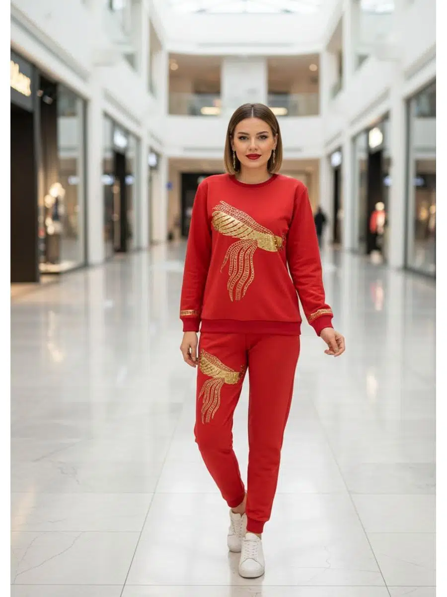 Kadın Kırmızı Tavus Kuşu İşlemeli İki İplik Takım